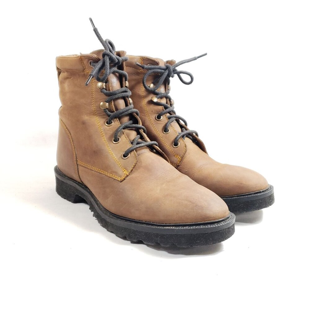 Youth Lace-Up Ankle Boots With Rugged Rubber Sole Size 5.5 D Brown Leather